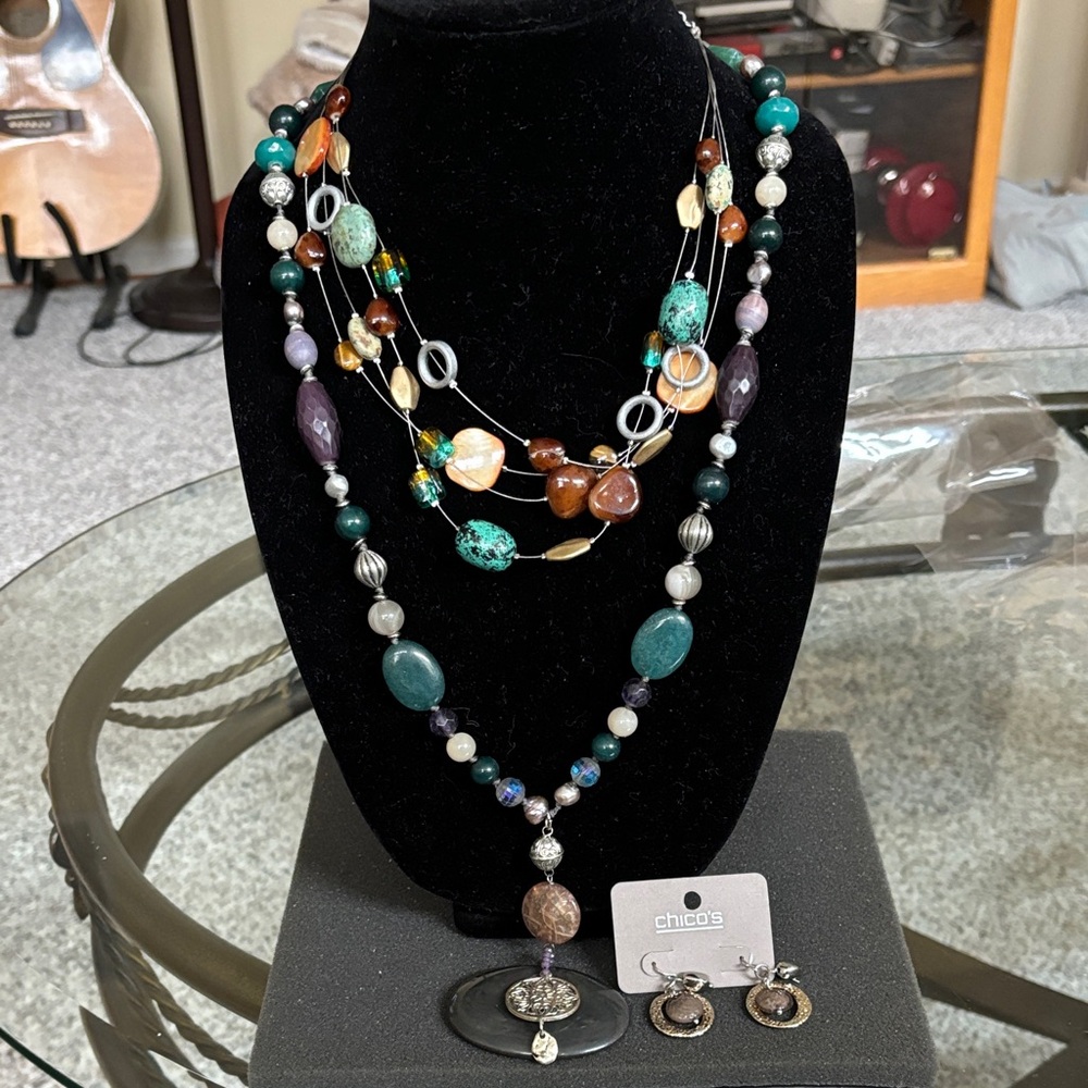 Chico's Layered Beaded Necklace Set with matching earrings NWT